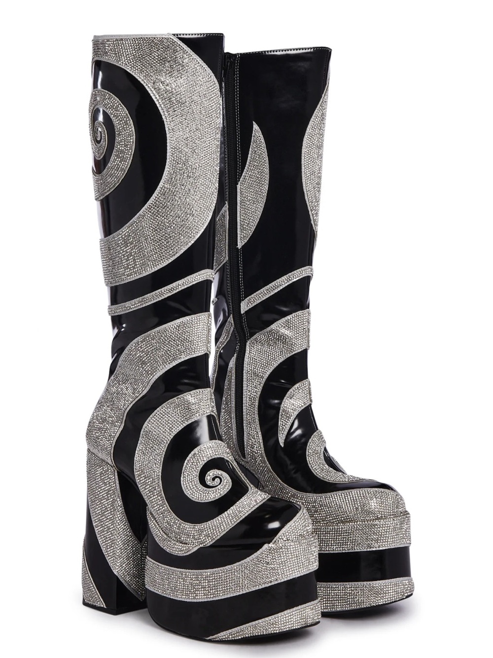 Dolls Kill x Current Mood Black and Silver Spiral Platform Over-the-Knee Boots